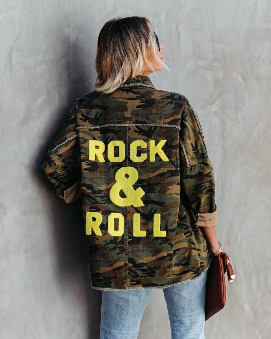 Clothing * | Davi-001 All Clothing Camouflage Cotton Rock & Roll Frayed Utility Jacket Final Sale