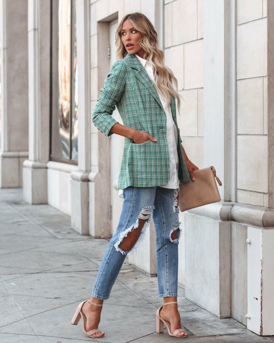 Clothing * | Fore-001 Work Anywhere Shea Pocketed Plaid Blazer Green