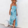 Clothing * | On T-001 Rosemont Cotton Linen Strapless High Low Maxi Dress Blue