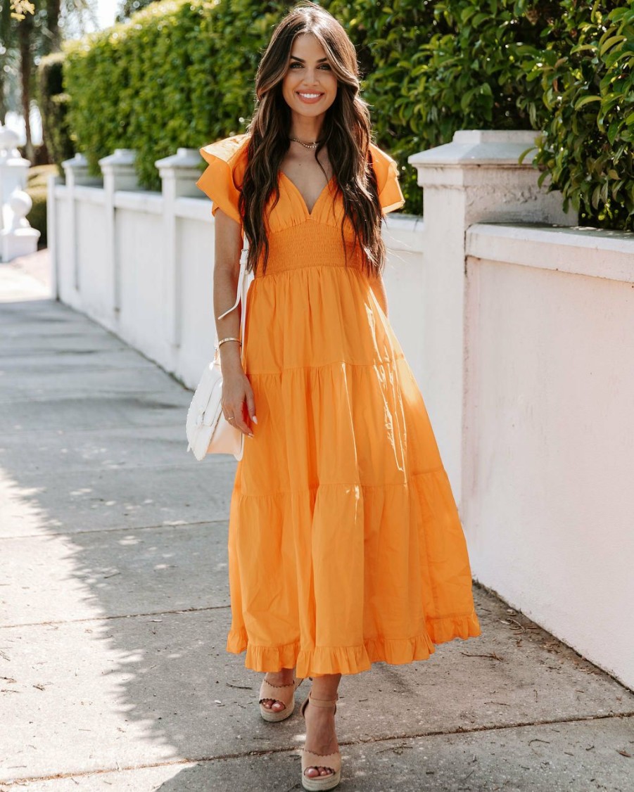 Clothing * | Dee-001 Tangie Cotton Tiered Midi Dress Orange