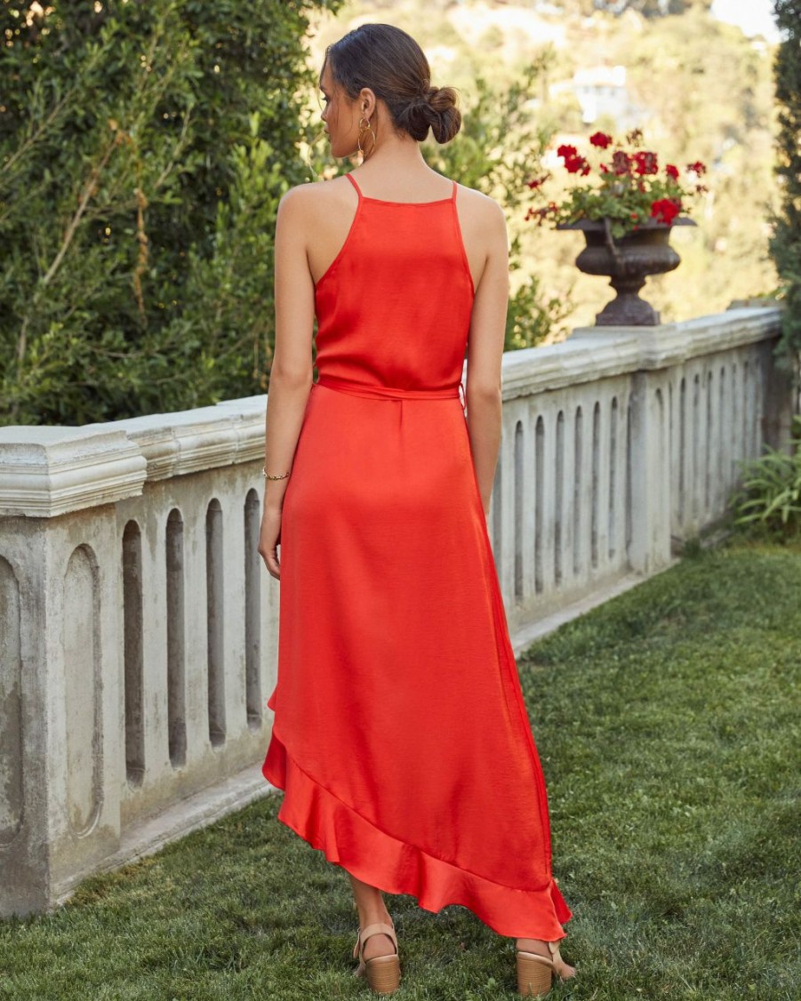 Clothing * | Flaw-001 Sunlit Soiree Satin High Low Ruffle Maxi Dress Orange Red Final Sale