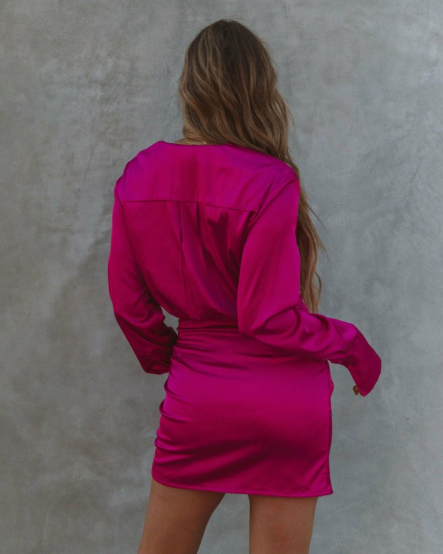 Clothing * | Luxx-001 All Clothing Sabella Satin Gathered Shirt Dress Magenta Final Sale