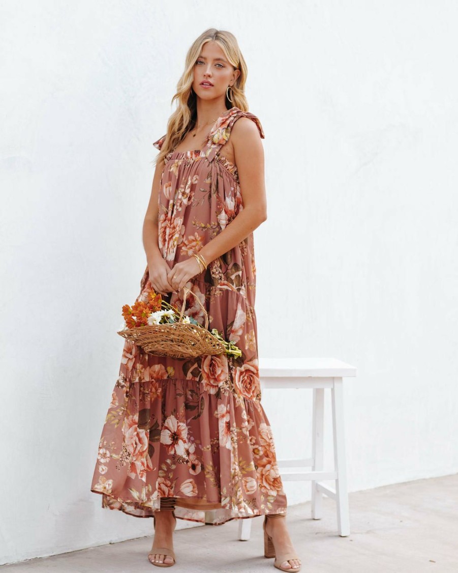 Clothing * | Salt-001 Pretty Perfect Hadley Pocketed Floral Tie Strap Midi Dress Mocha Final Sale