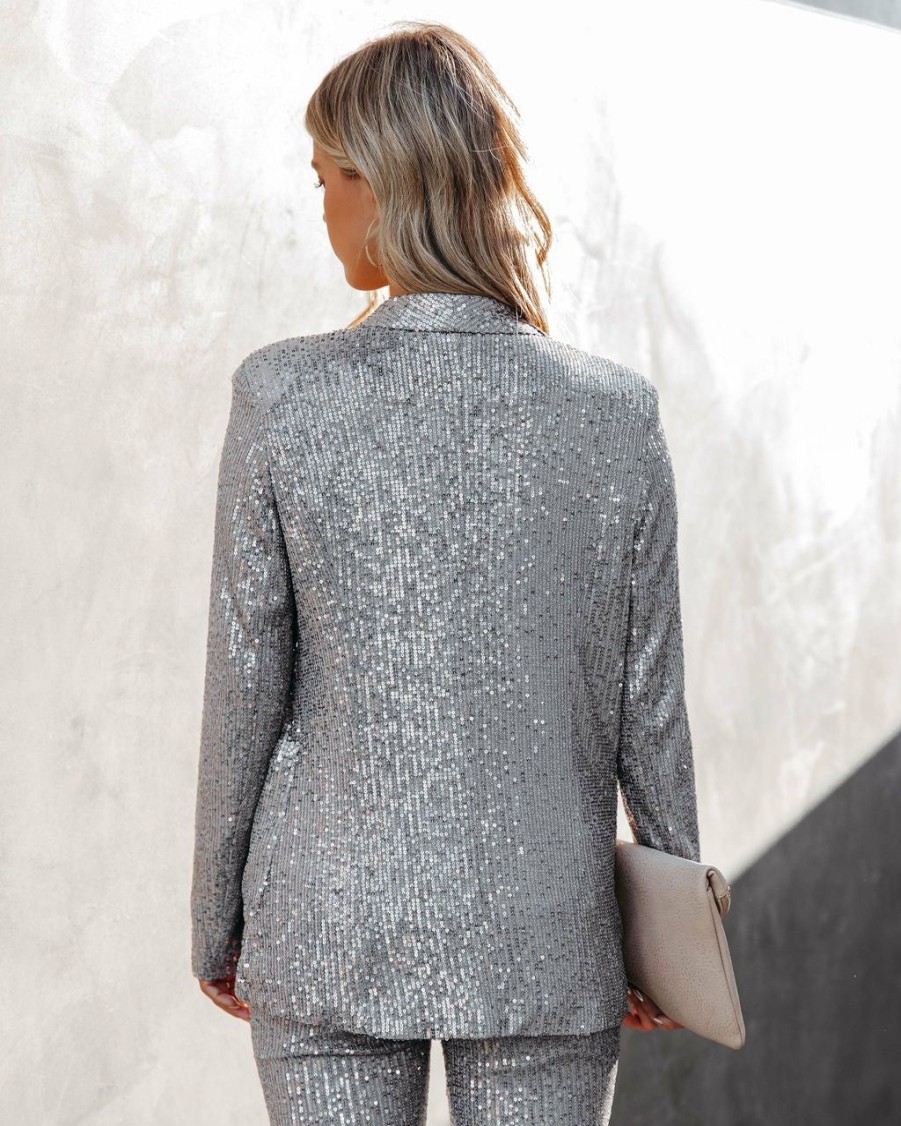 Clothing * | On T-001 Festive Flair Pocketed Sequin Blazer Silver Final Sale Vici Exclusives