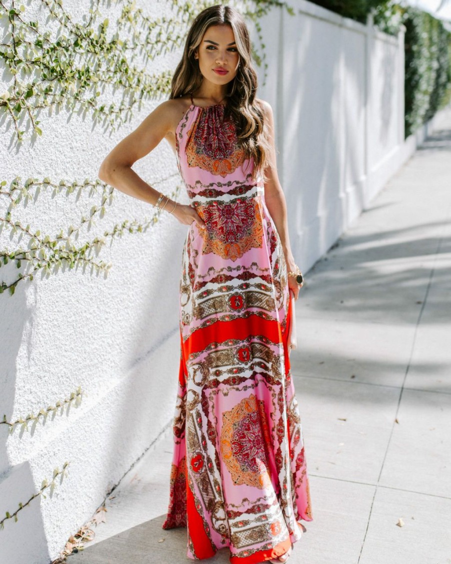 Clothing * | Aaka-001 Preorder Reina Printed Halter Maxi Dress New Arrivals