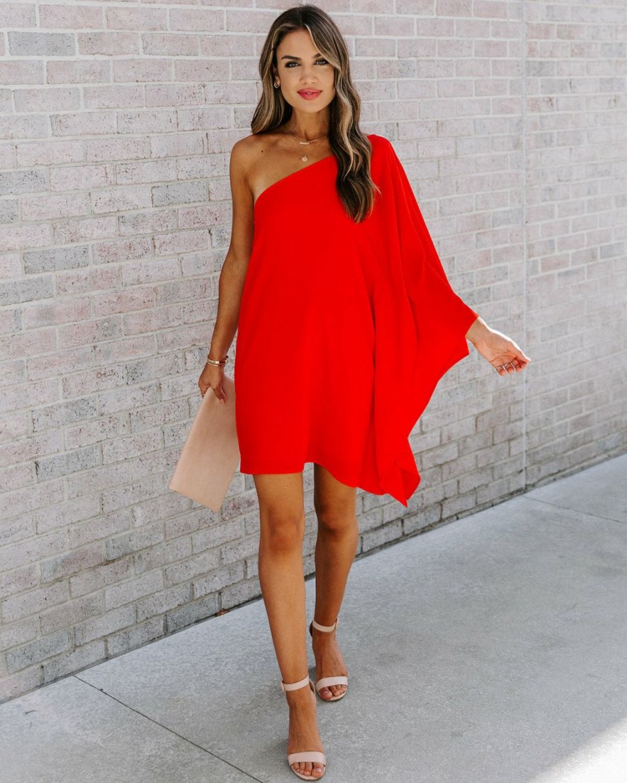 Clothing * | Tych-001 All Clothing Side To Side One Shoulder Statement Dress Tomato Red