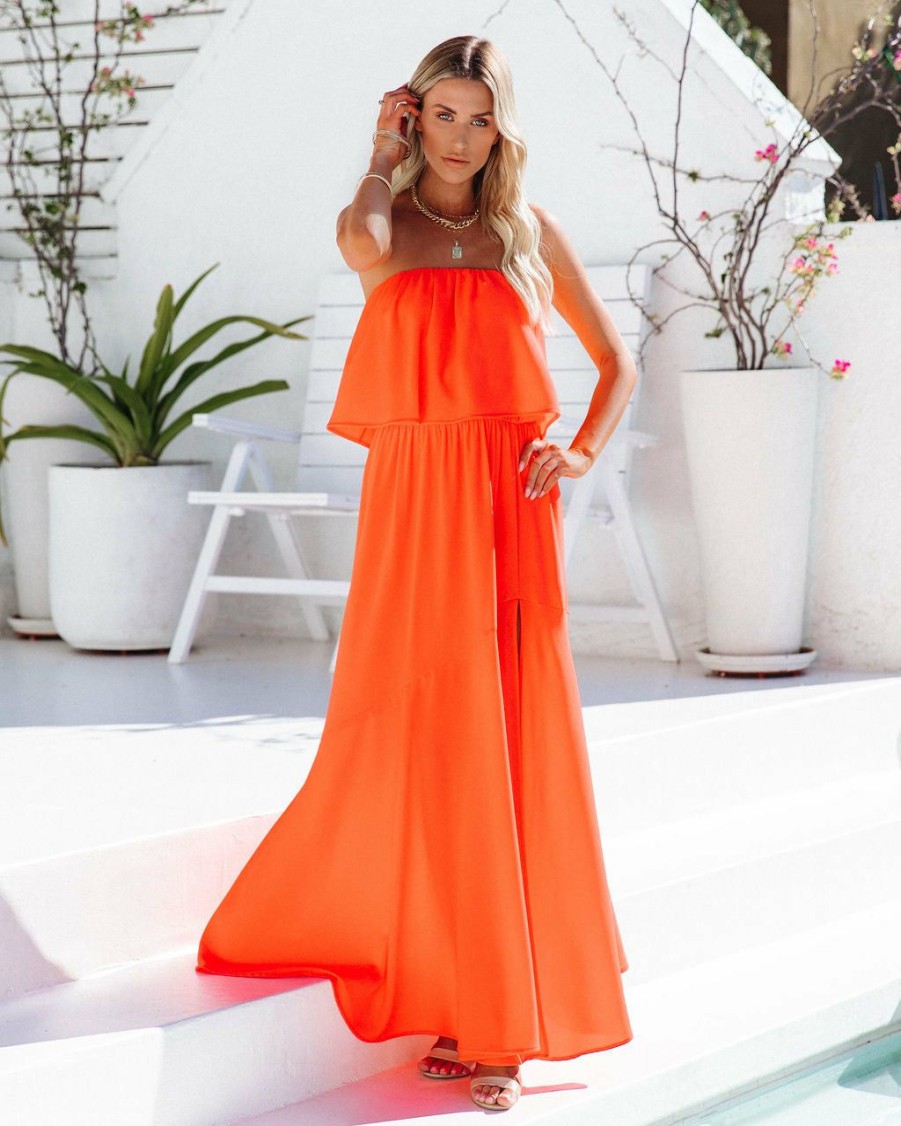 Clothing * | Tych-001 Vivid Strapless Slit Maxi Dress Bright Orange