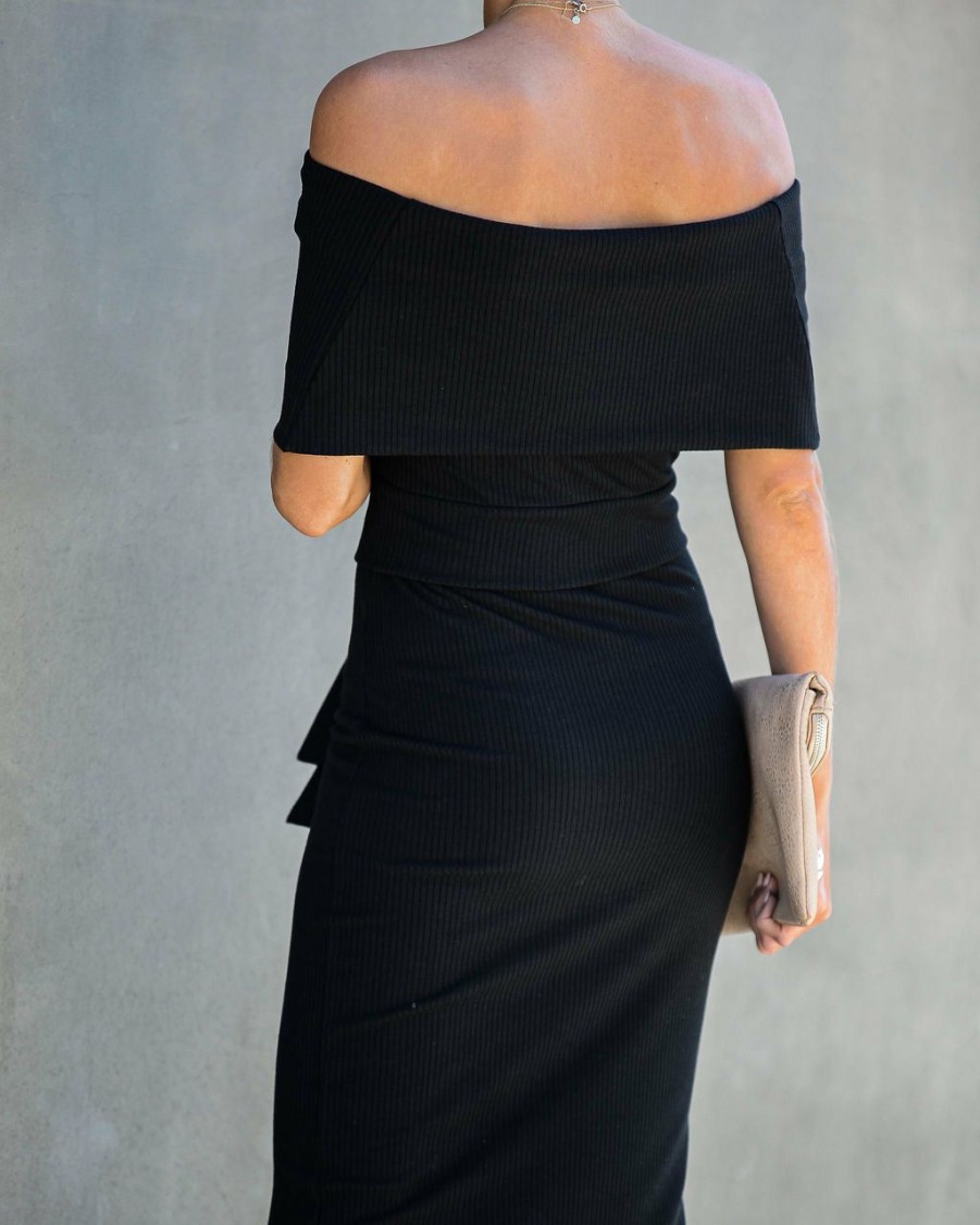 Clothing * | Tych-001 Made In The Usa Top Secret Ribbed Off The Shoulder Dress Black Final Sale