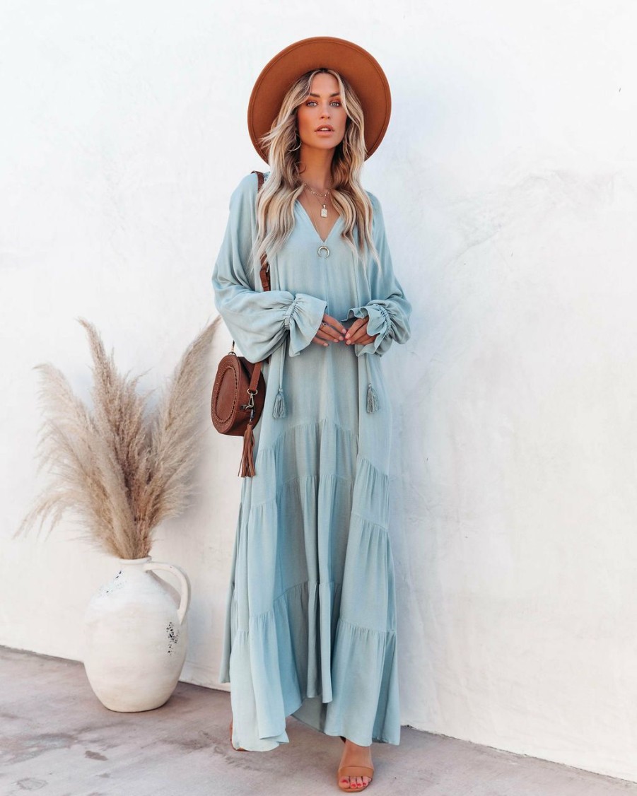 Clothing * | Dres-001 Bowdan Tiered Boho Maxi Dress Soft Blue