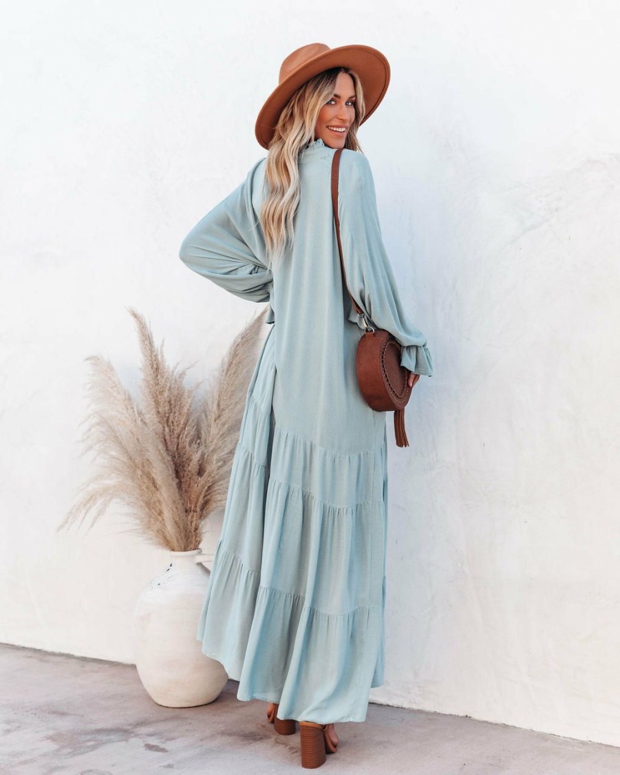 Clothing * | Dres-001 Bowdan Tiered Boho Maxi Dress Soft Blue