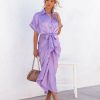 Clothing * | Mabl-001 Bold Babe Essence Satin Tie Front Midi Shirt Dress Lavender