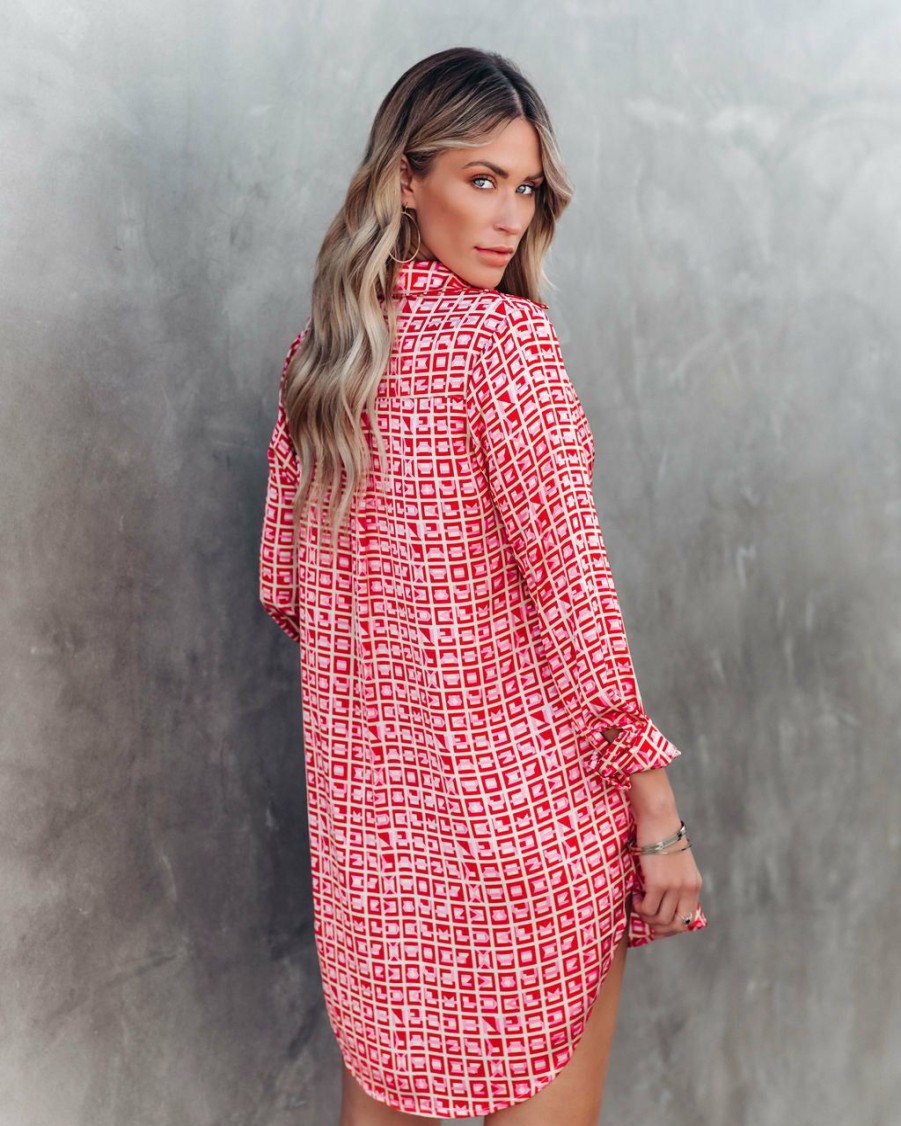 Clothing * | Acoa-001 Brenleigh Printed Satin Button Down Tunic Bold Babe