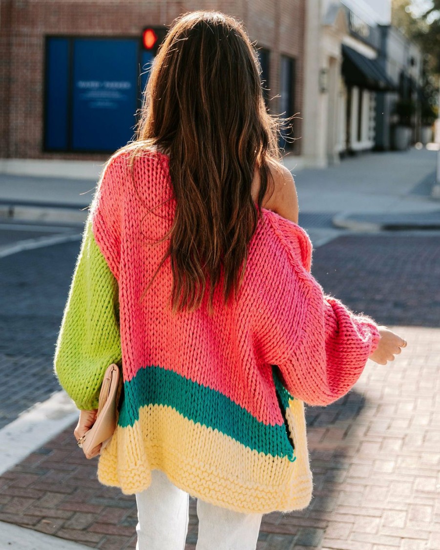 Clothing * | List-001 Courage Pocketed Colorblock Knit Cardigan Bright Pink Multi Final Sale State Of Happy