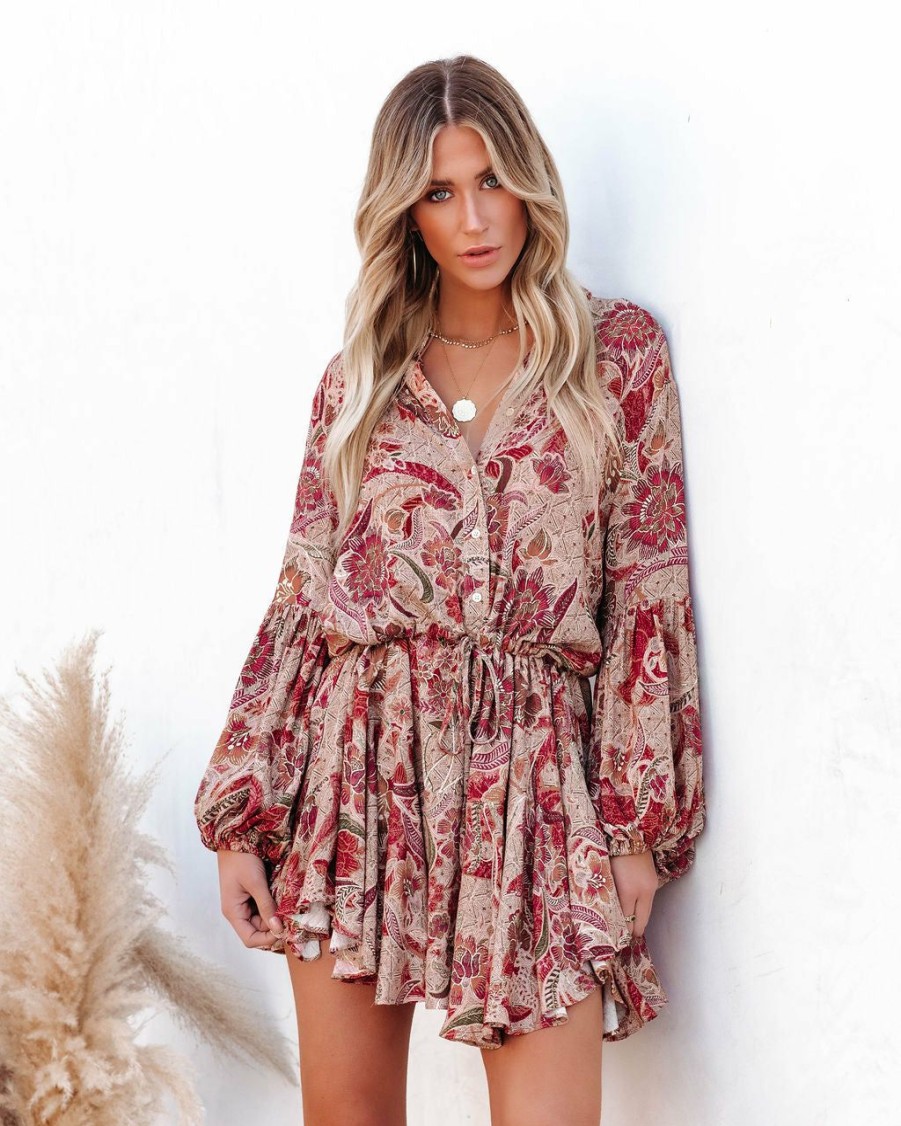 Clothing * | Oliv-001 Ortega Printed Adjustable Balloon Sleeve Dress Dresses