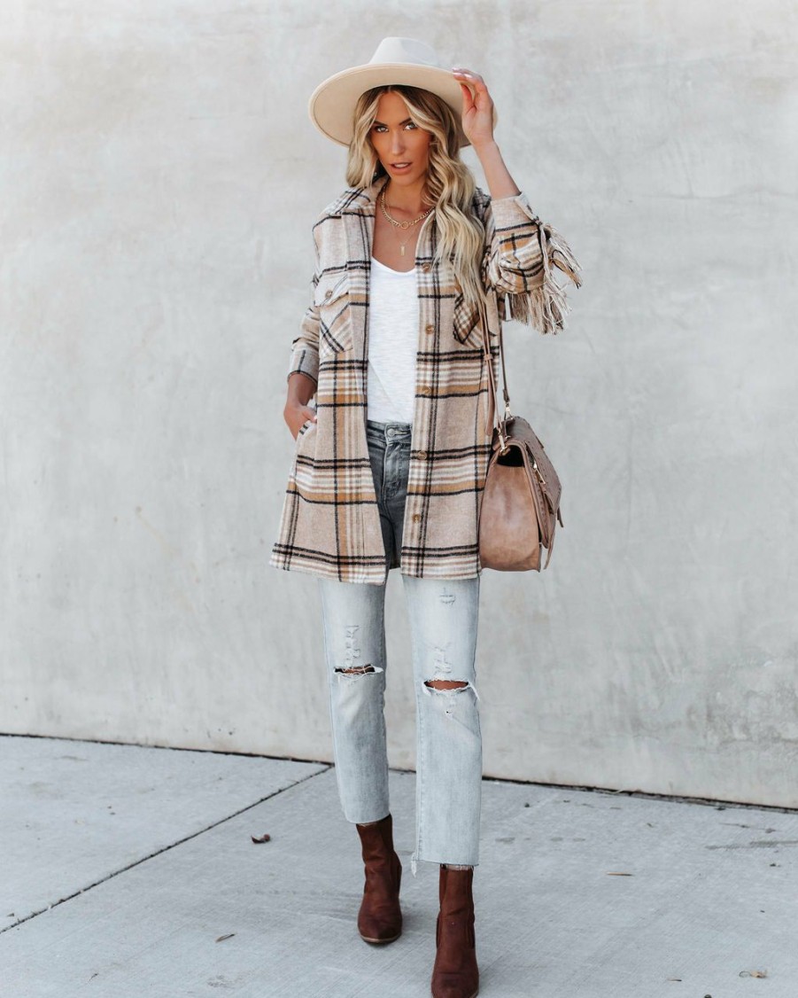 Clothing * | Fore-001 Give Thanks Pocketed Fringe Plaid Coat All Clothing