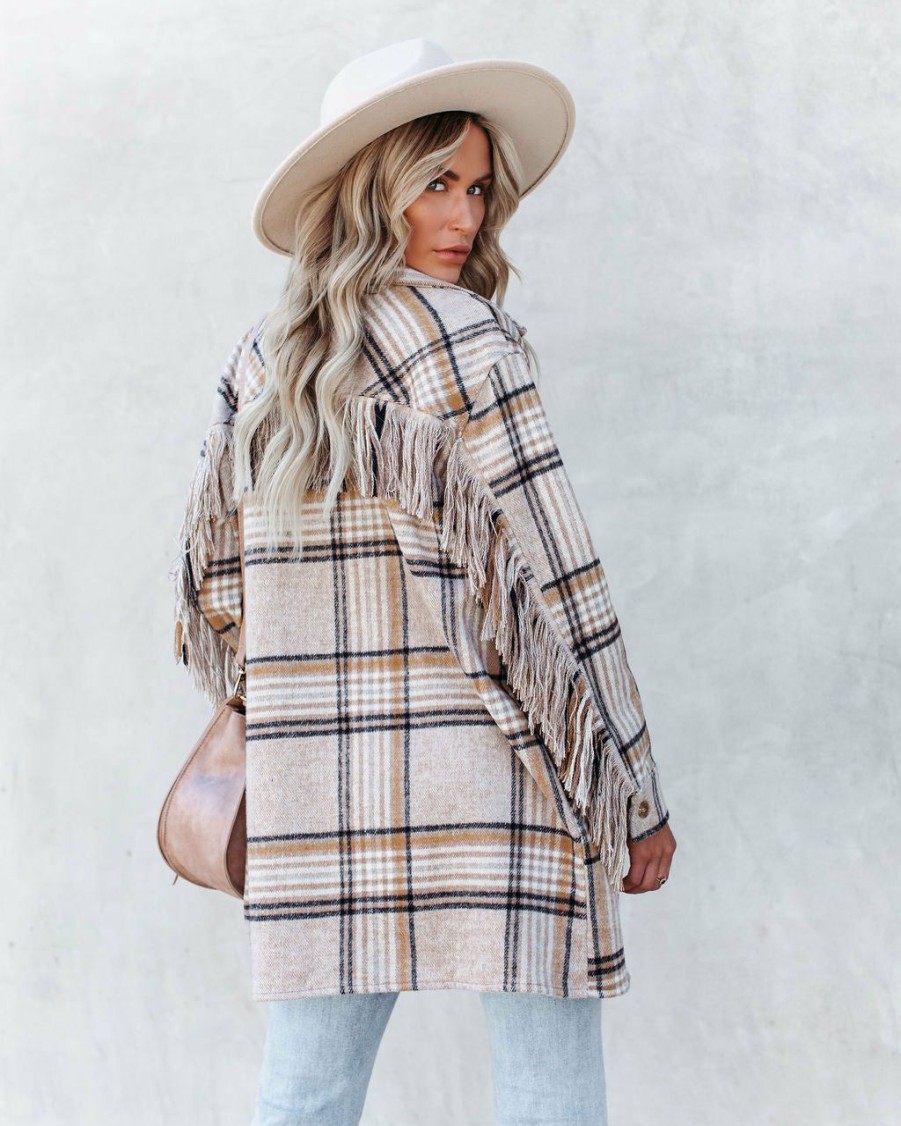 Clothing * | Fore-001 Give Thanks Pocketed Fringe Plaid Coat All Clothing