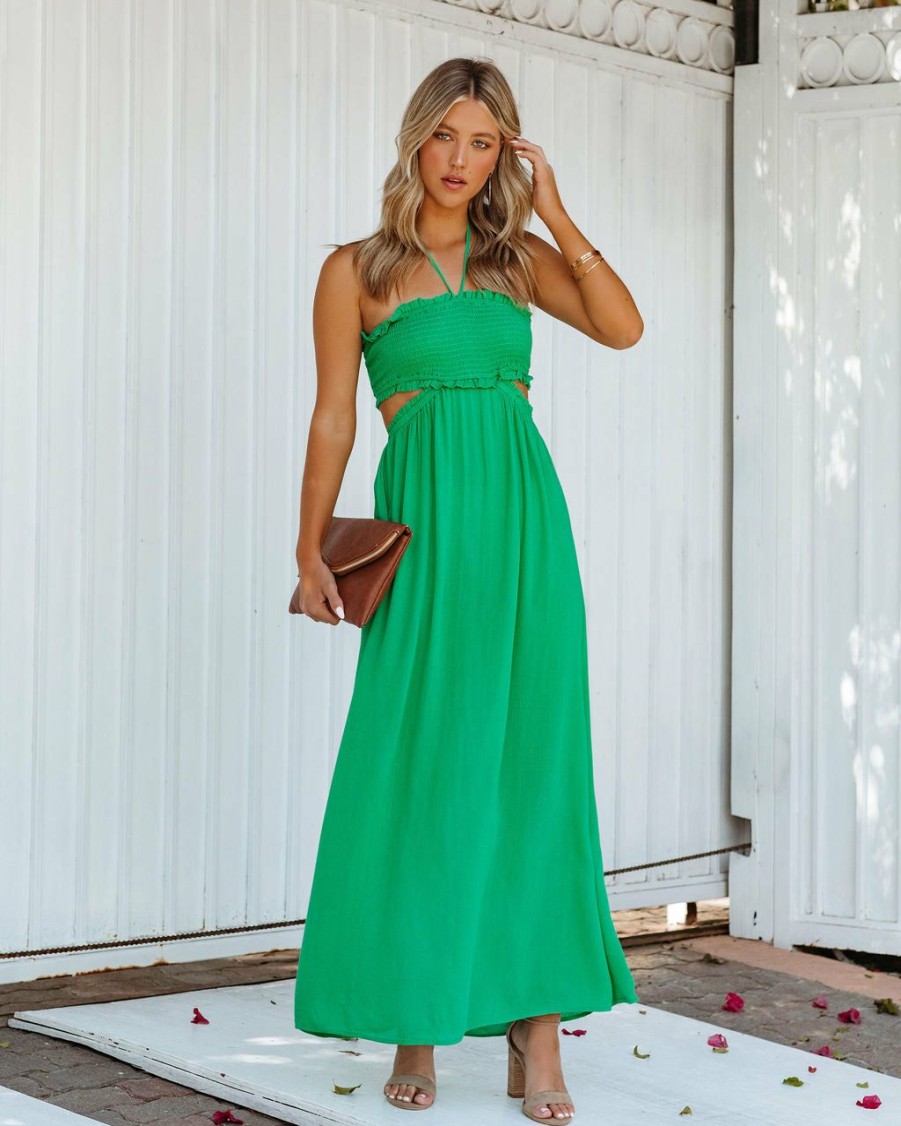 Clothing * | Prom-001 Hit The Beach Smocked Halter Maxi Dress Kelly Green