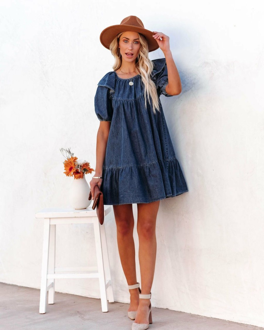 Clothing * | Salt-001 Luis Cotton Puff Sleeve Babydoll Dress Dark Wash Final Sale