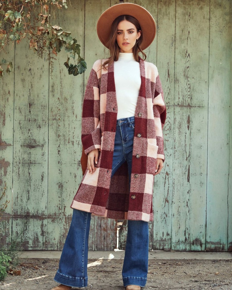 Clothing * | Skie-001 All Clothing Delaney Pocketed Checkered Duster Cardigan Final Sale