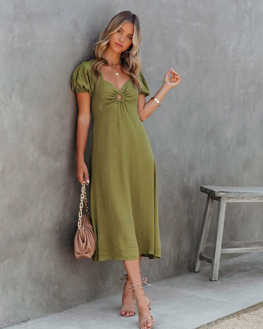 Clothing * | Ifb-001 Samantha Puff Sleeve Midi Dress Olive Final Sale