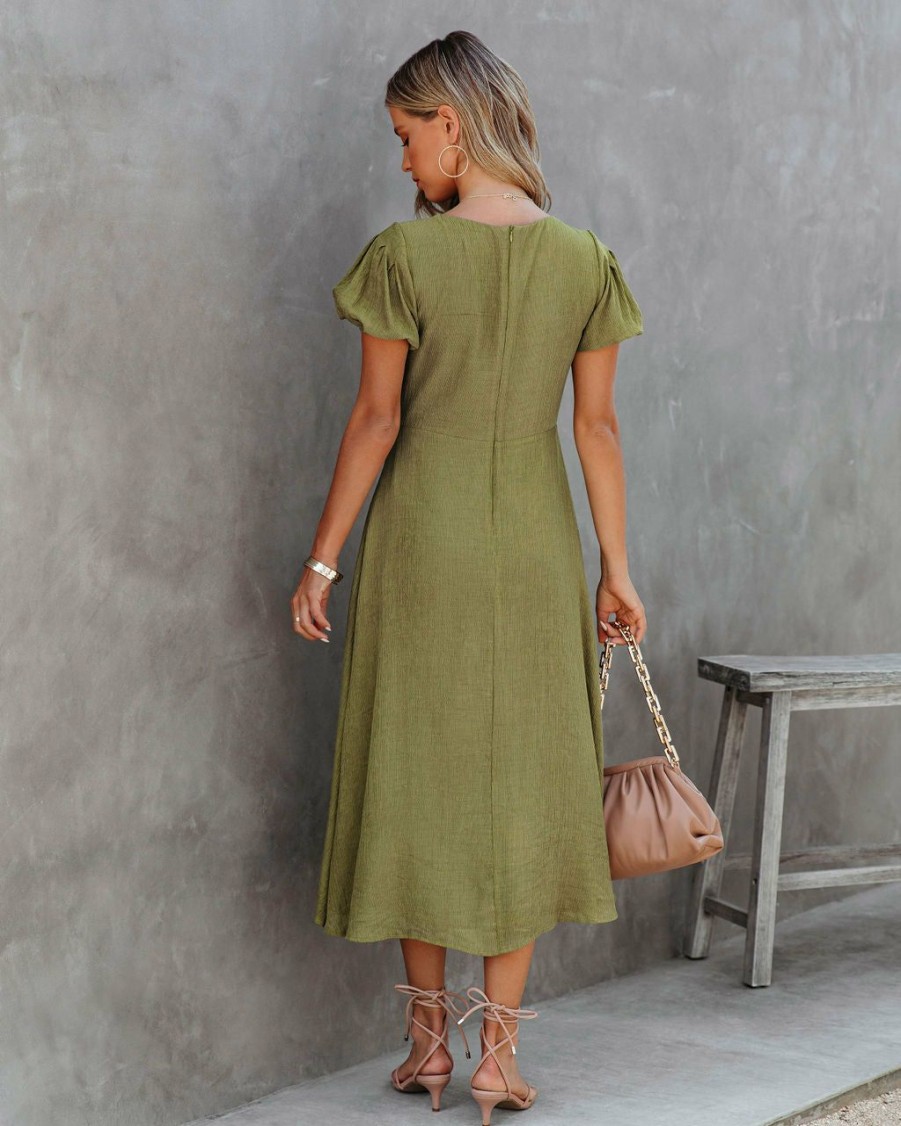 Clothing * | Ifb-001 Samantha Puff Sleeve Midi Dress Olive Final Sale