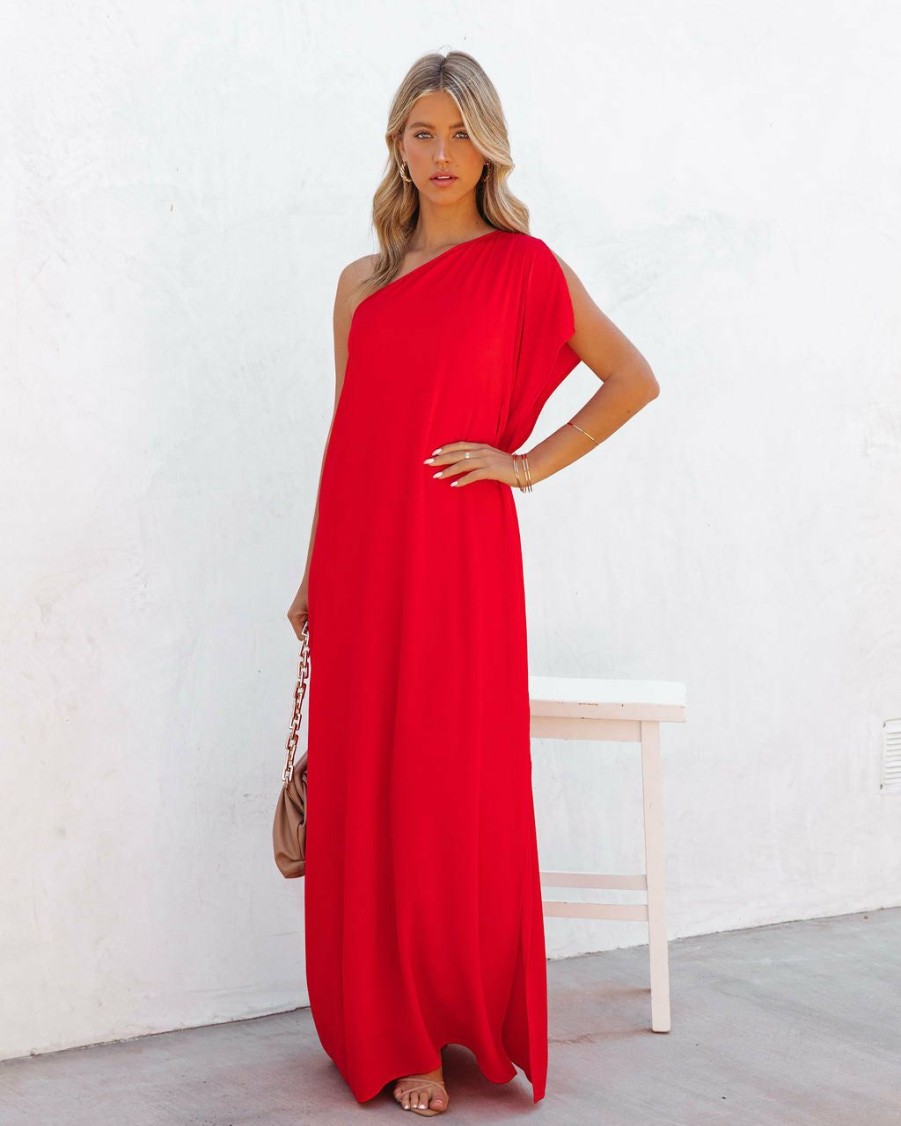 Clothing * | Tych-001 Strike A Pose One Shoulder Statement Maxi Dress Tomato Red