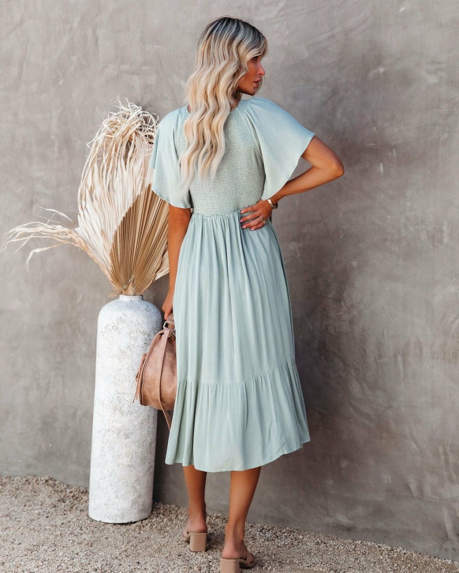 Clothing * | In L-001 All Clothing Nolani Smocked Midi Dress Sage Final Sale