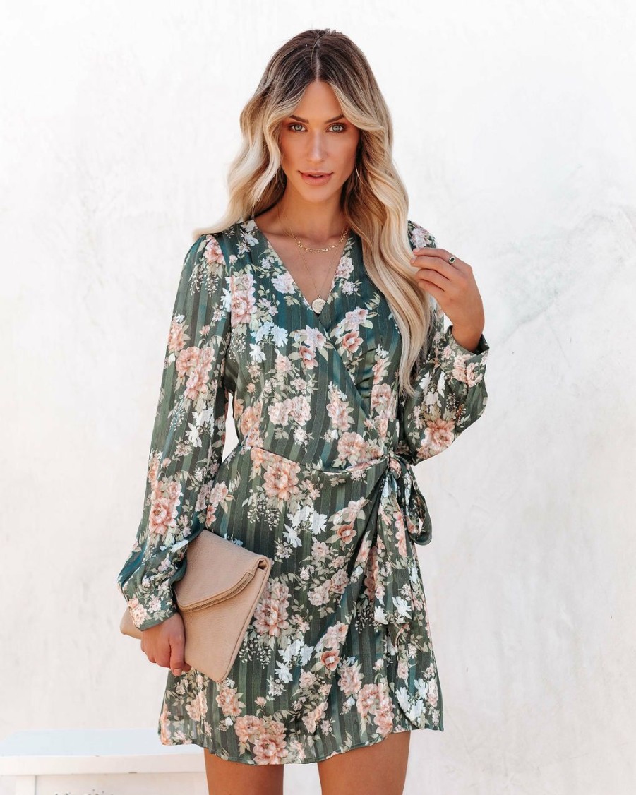 Clothing * | On T-001 Ezabella Floral Shimmer Wrap Dress Green Photoshoot Ready