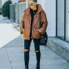 Clothing * | Baga-001 Cade Pocketed Faux Leather Puffer Jacket Brown