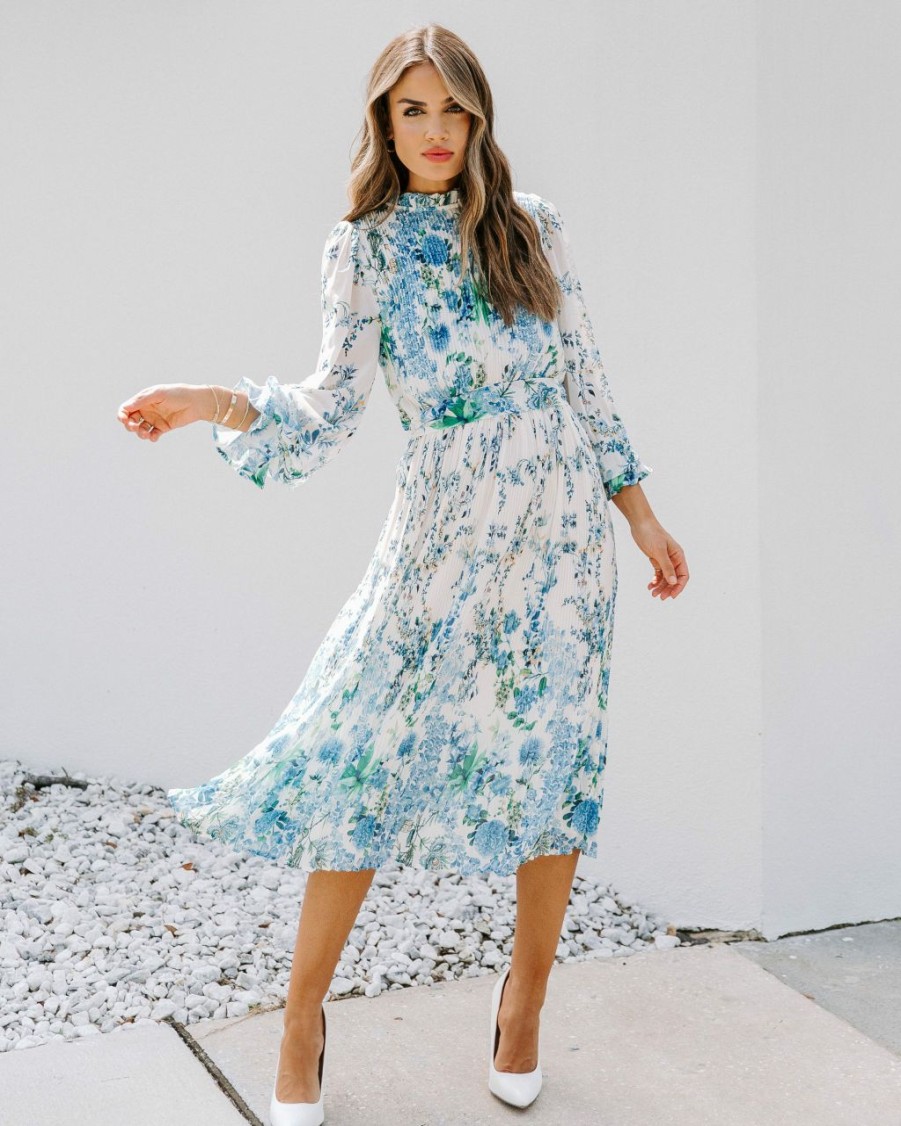 Clothing * | Salt-001 Guest Of Wedding Tempe Floral Ruffle Midi Dress Blue