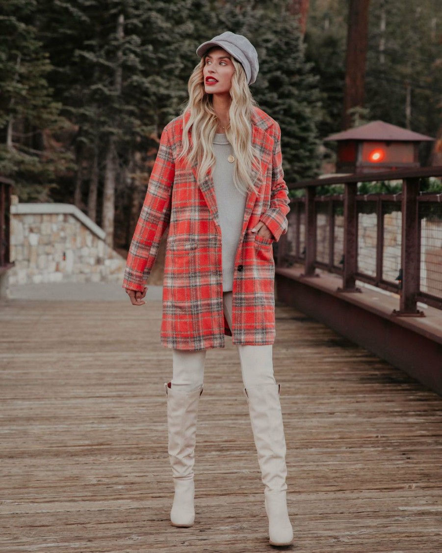 Clothing * | &Mer-001 Stan Pocketed Plaid Coat Coral Final Sale