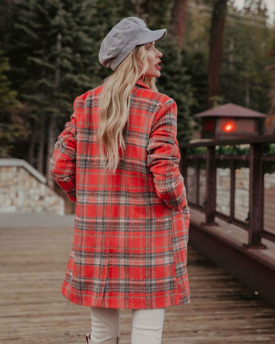 Clothing * | &Mer-001 Stan Pocketed Plaid Coat Coral Final Sale