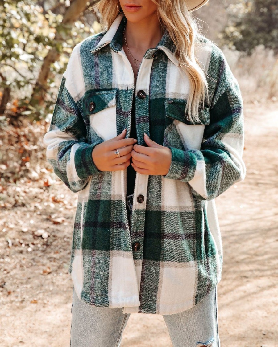 Clothing * | Stac-001 Hometown Pocketed Plaid Shacket Hunter Green All Clothing