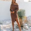 Clothing * | Flaw-001 All Clothing Rissa Off The Shoulder Ribbed Knit Dress Chocolate Final Sale