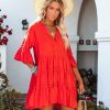 Clothing * | Aeom-001 Alicia Pocketed Ruffle Tiered Babydoll Dress Red