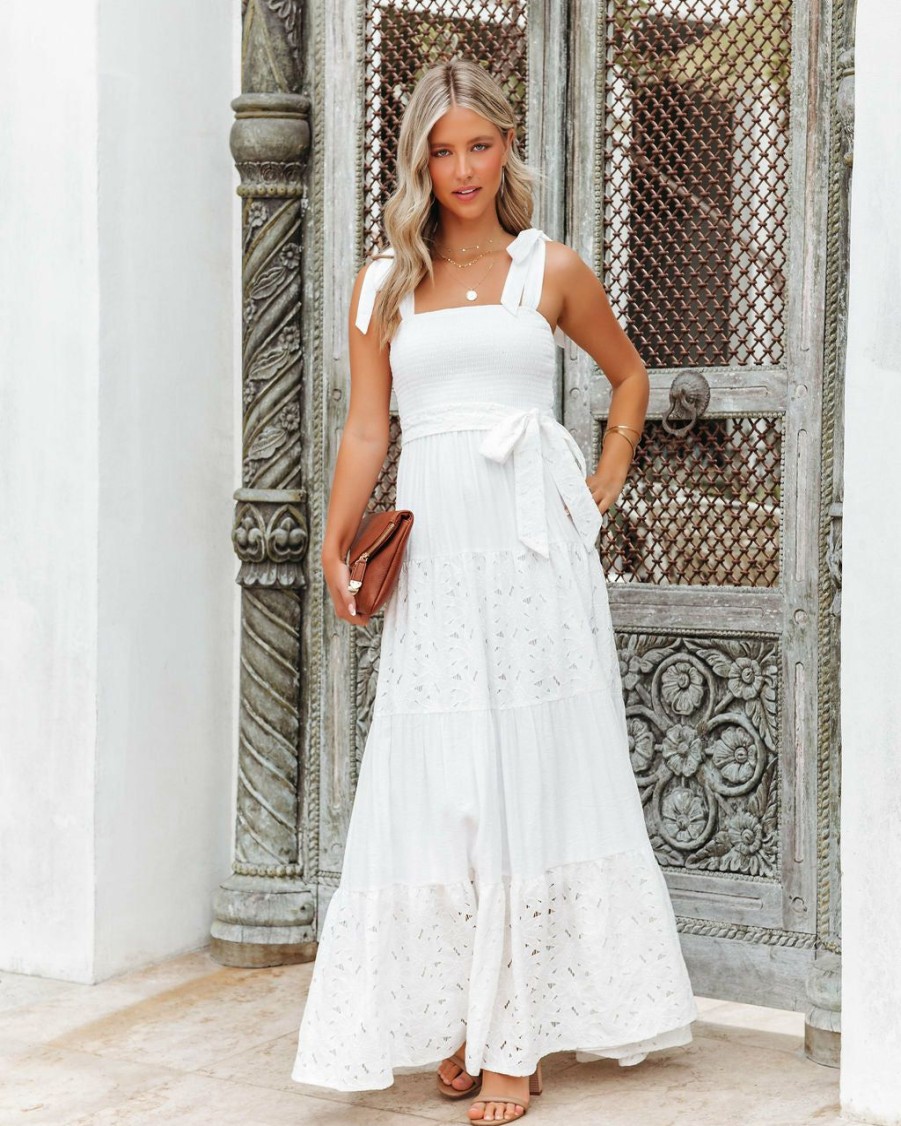 Clothing * | Salt-001 La Paz Smocked Crochet Lace Maxi Dress White