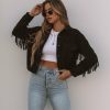 Clothing * | Oliv-001 Daron Cropped Fringe Faux Suede Jacket Black Final Sale All Clothing