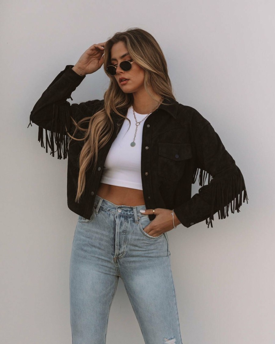 Clothing * | Oliv-001 Daron Cropped Fringe Faux Suede Jacket Black Final Sale All Clothing