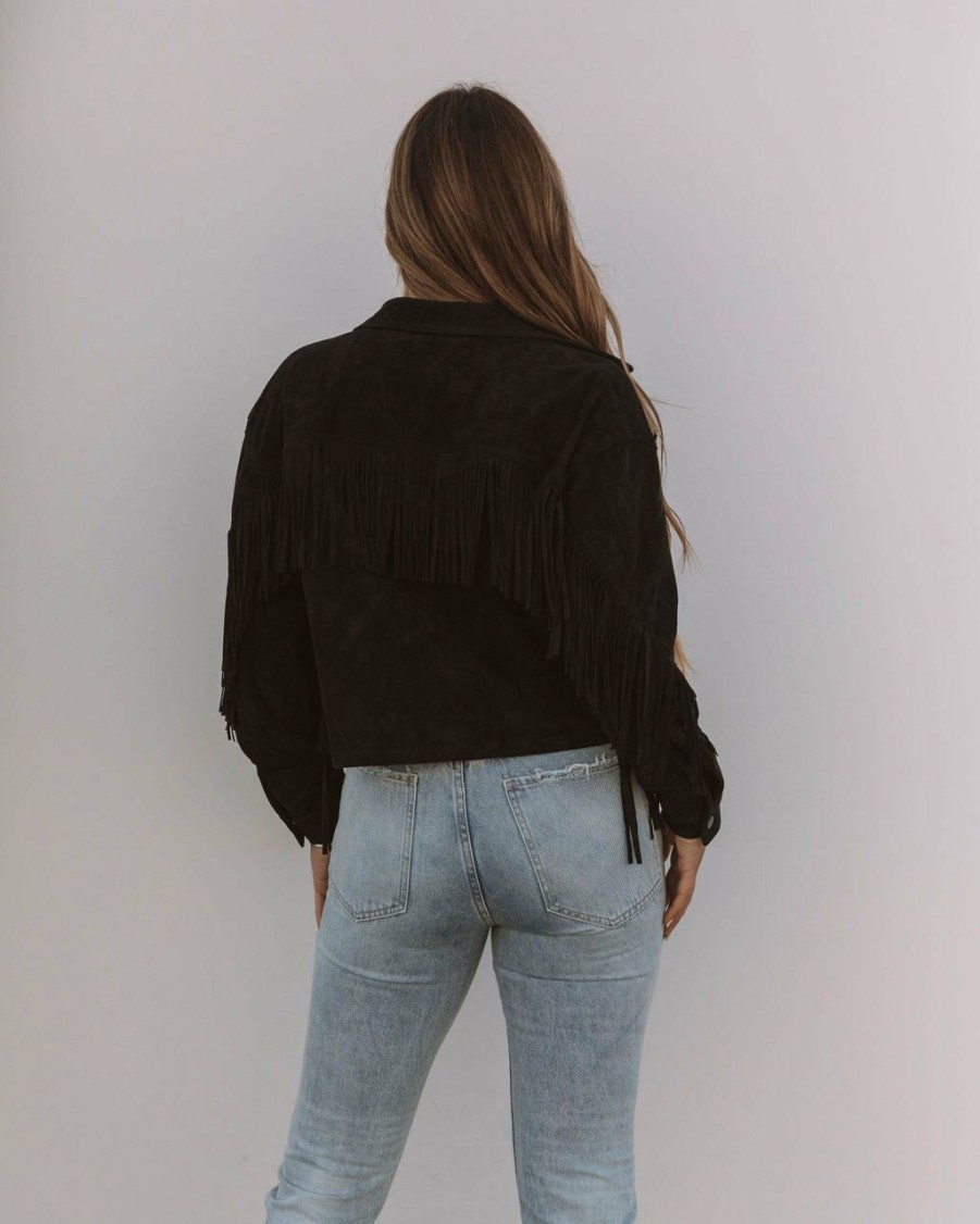 Clothing * | Oliv-001 Daron Cropped Fringe Faux Suede Jacket Black Final Sale All Clothing