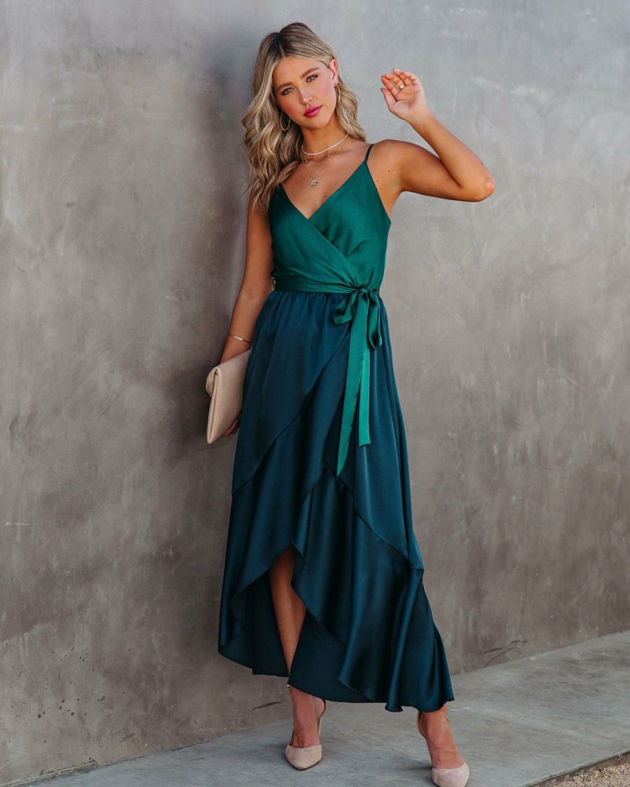 Clothing * | Tych-001 Ansley Satin Colorblock High Low Maxi Dress Green Navy All Clothing