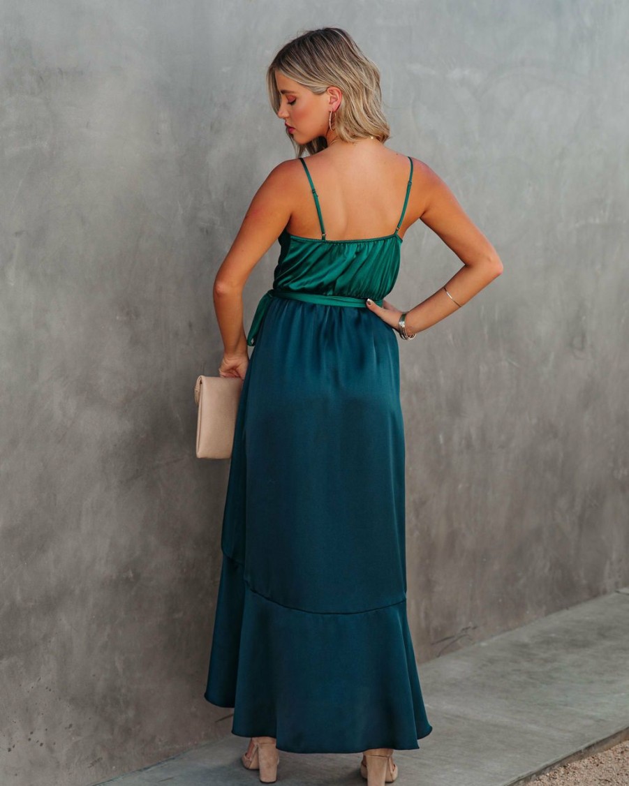 Clothing * | Tych-001 Ansley Satin Colorblock High Low Maxi Dress Green Navy All Clothing