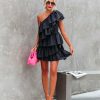 Clothing * | Endl-001 Radiance Ruffle One Shoulder Tiered Mini Dress Black The Weekly Drop