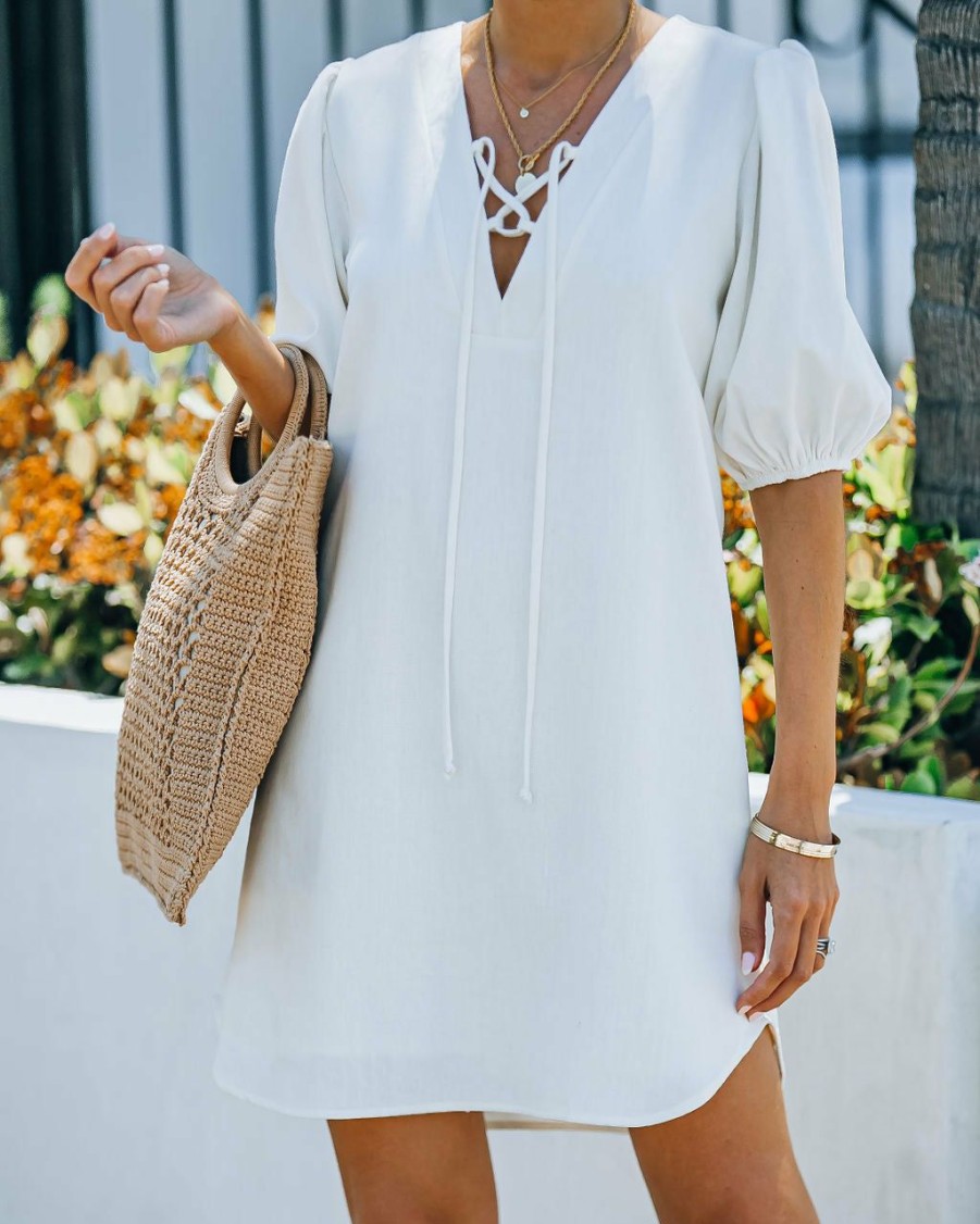 Clothing * | Chry-001 Lakeshore Linen Blend Puff Sleeve Dress Ivory All Clothing