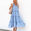 Clothing * | &Mer-001 Ballard Cotton Blend Pocketed Tiered Midi Dress Chambray Blue