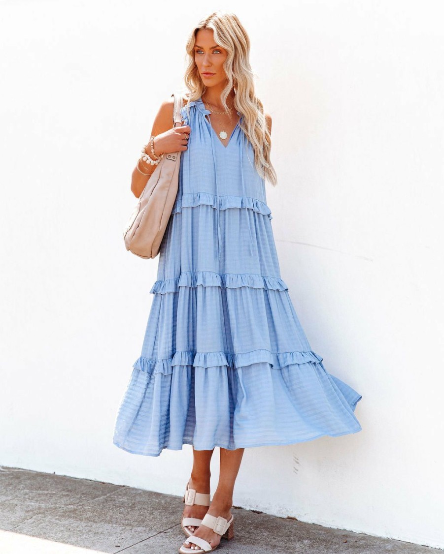 Clothing * | &Mer-001 Ballard Cotton Blend Pocketed Tiered Midi Dress Chambray Blue