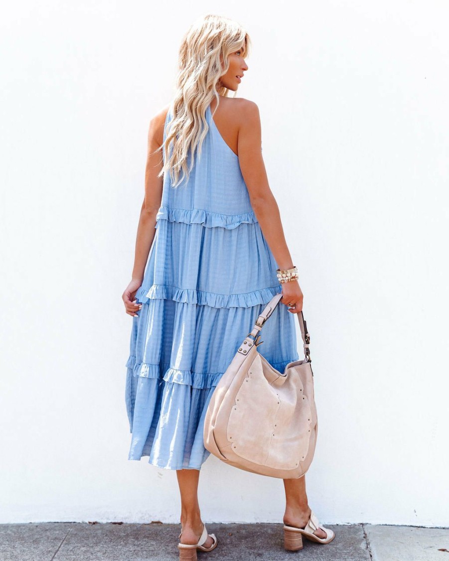 Clothing * | &Mer-001 Ballard Cotton Blend Pocketed Tiered Midi Dress Chambray Blue