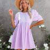 Clothing * | &Mer-001 Amber Cotton Pocketed Puff Sleeve Dress Lavender