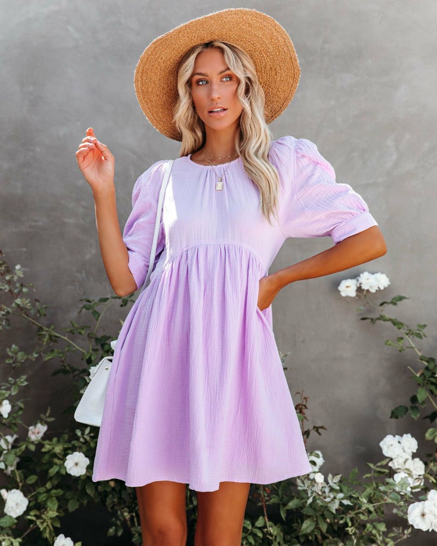 Clothing * | &Mer-001 Amber Cotton Pocketed Puff Sleeve Dress Lavender