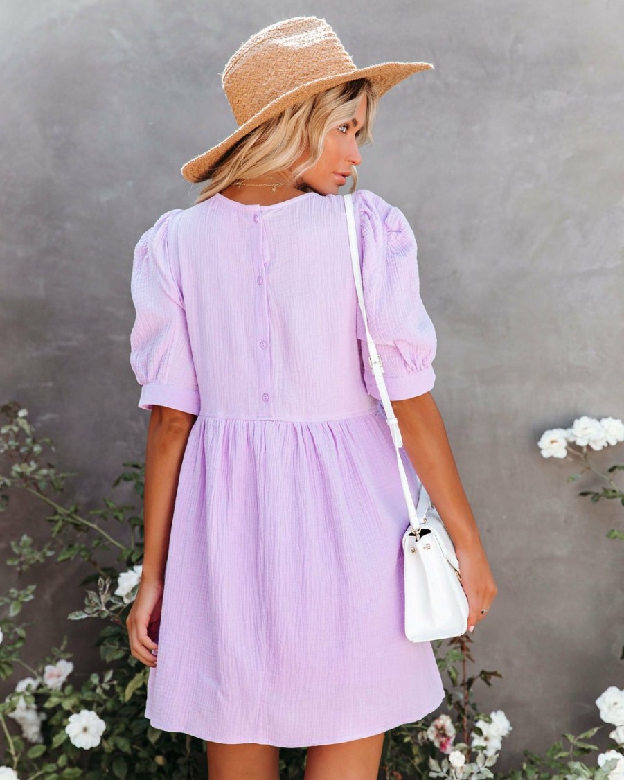 Clothing * | &Mer-001 Amber Cotton Pocketed Puff Sleeve Dress Lavender