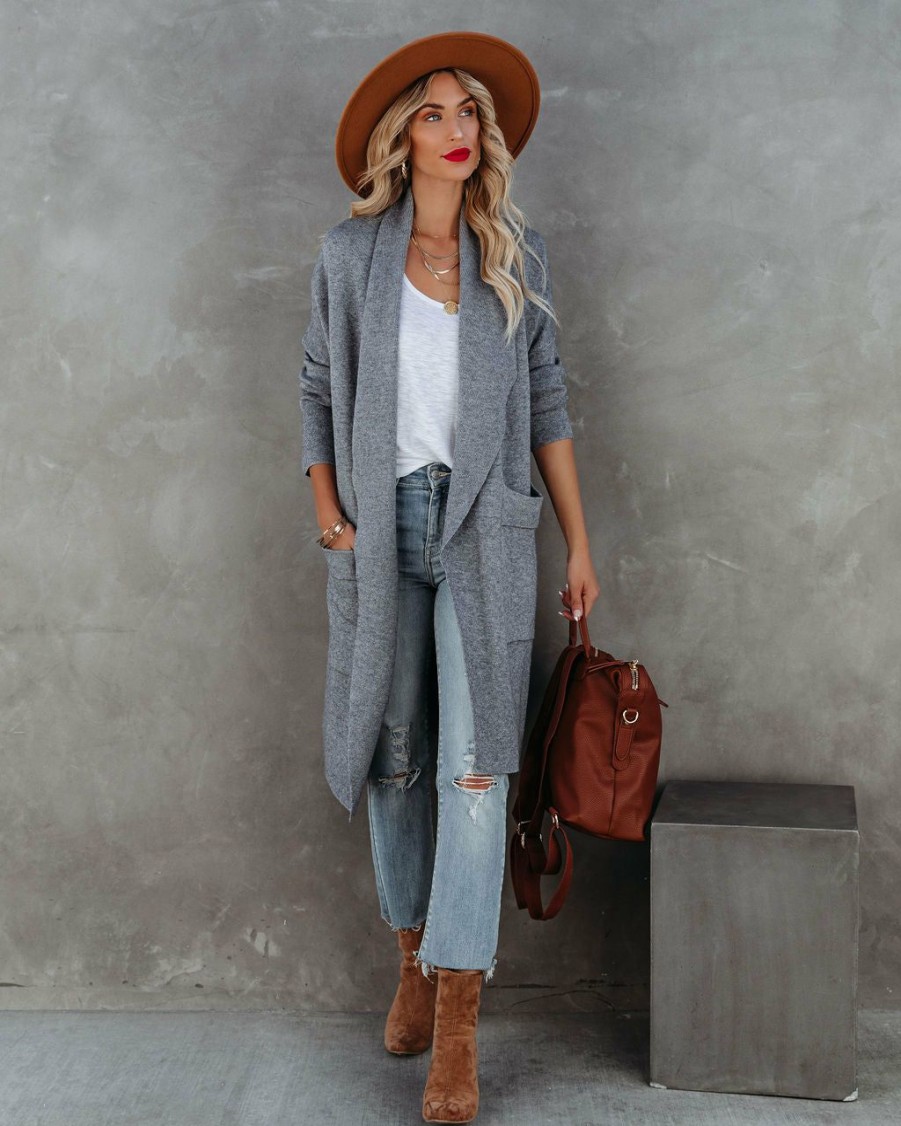 Clothing * | On T-001 Cinnamon Pocketed Knit Cardigan Heather Grey All Clothing